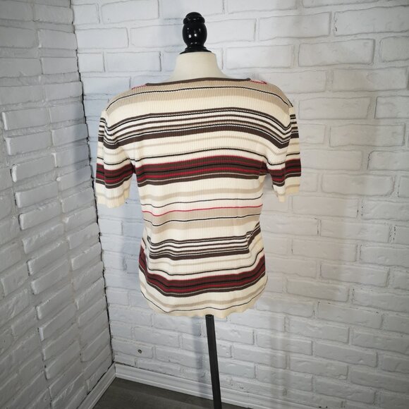 Denver Hayes Ladies Size 2XL Cream Tan Red Brown & Black Striped Sweater - Picture 2 of 9